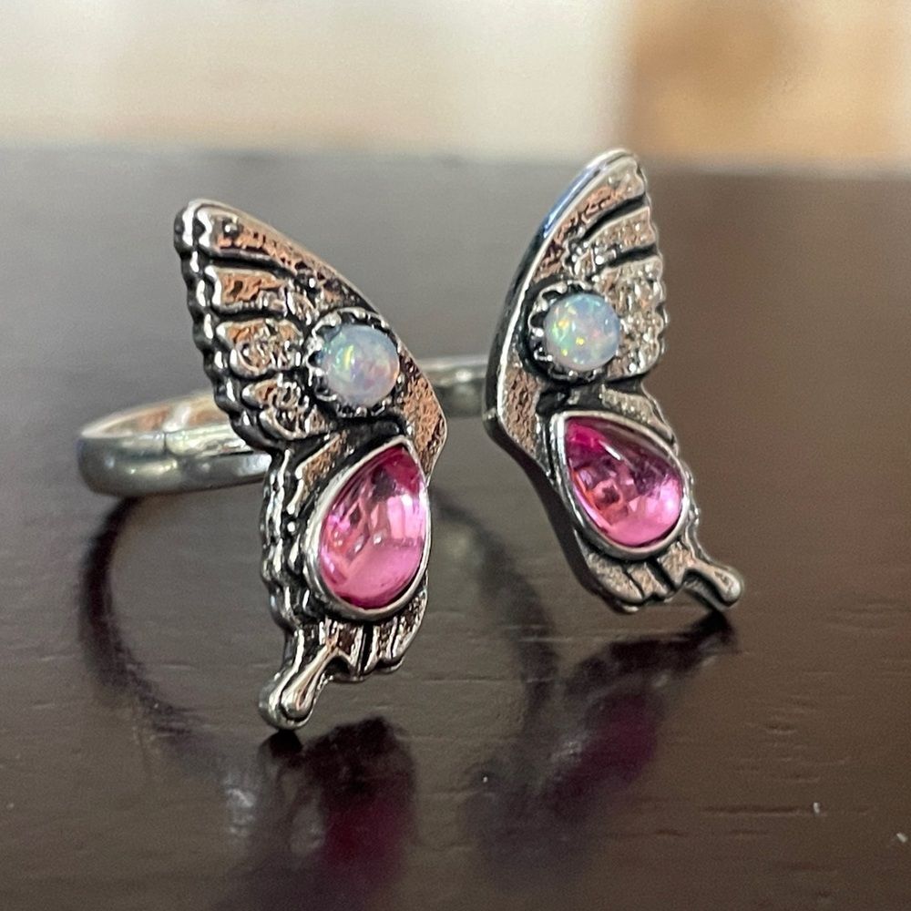 Pink Butterfly Opal Accent silver tone Ring Size 10 wing wings unique pretty new